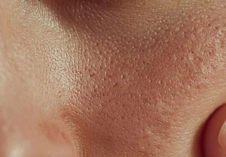 Rosto feminino em close com textura irregular, poros aparentes e sinais de acne, representando tratamentos para acne na Bellaris Clinic.